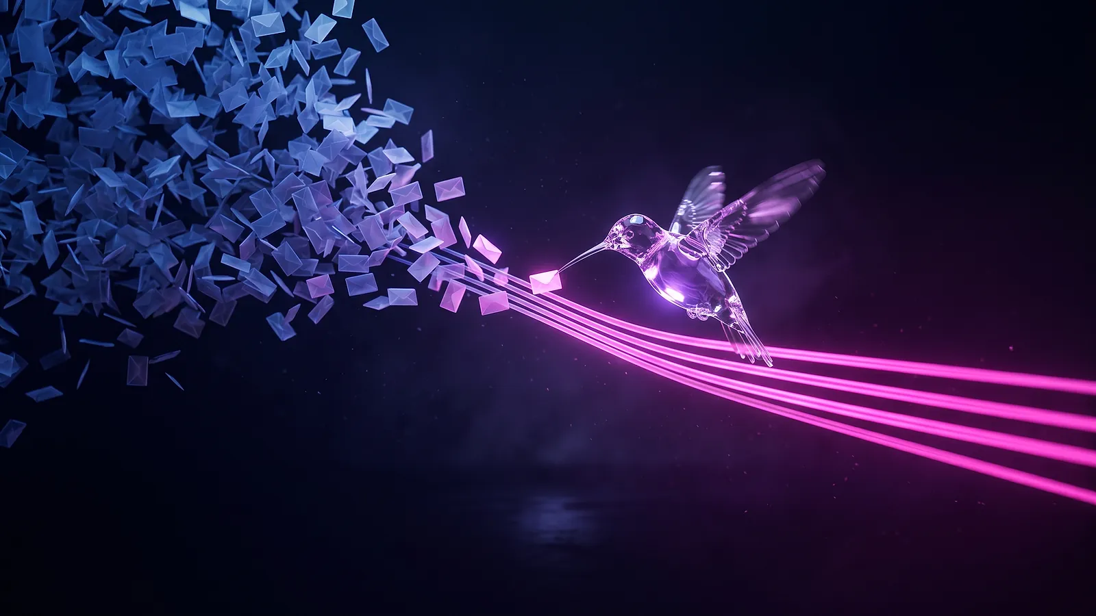 Un colibri de verre lumineux, en vol stationnaire, range un tourbillon de petites enveloppes bleues en flux parallèles roses, sur fond nuit.