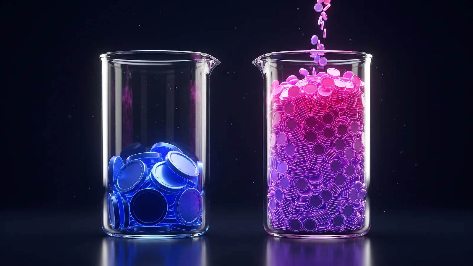 Deux béchers de verre côte à côte sur fond nuit, l'un contenant quelques gros jetons bleus, l'autre rempli à ras bord de petits jetons violets et roses qui continuent d'y tomber.