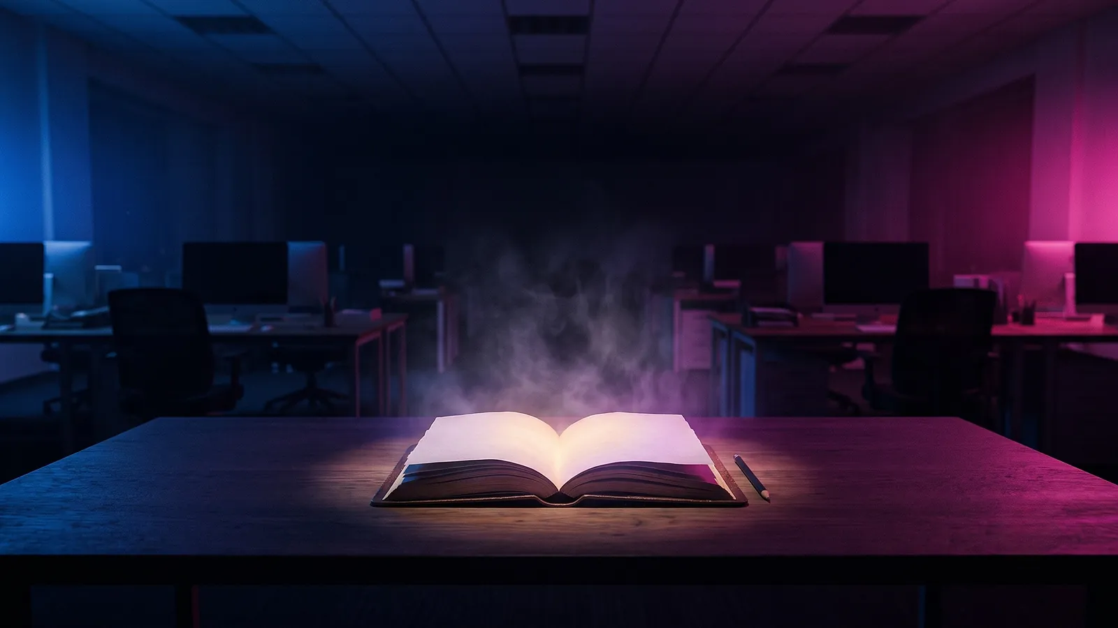 Un carnet ouvert et lumineux, seul dans une flaque de lumière bleu et magenta, au centre d'un vaste open space plongé dans l'ombre.