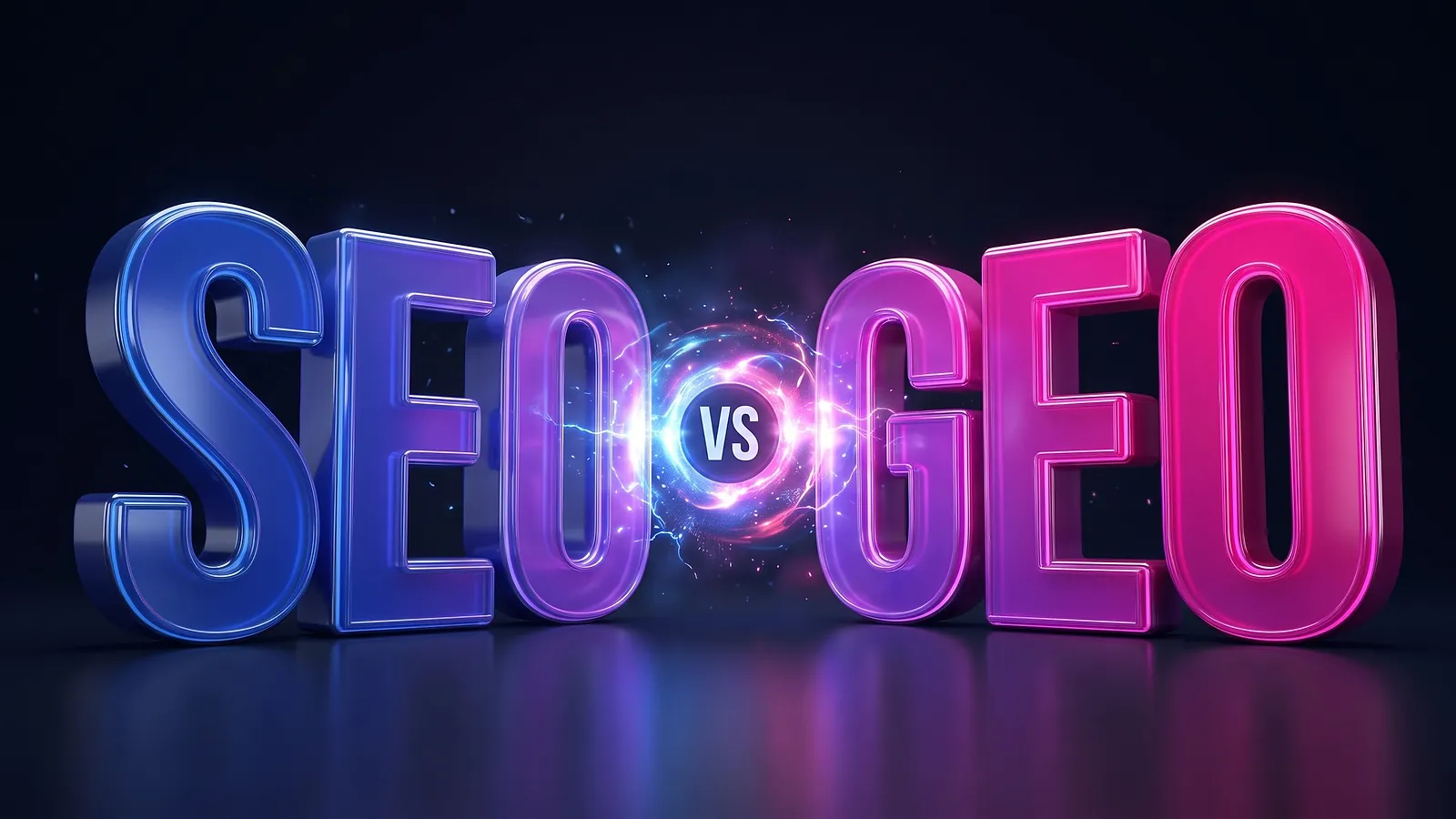 Les lettres SEO en bleu et GEO en magenta, en 3D lumineuse, séparées par une décharge d'énergie et un badge VS, sur fond nuit.