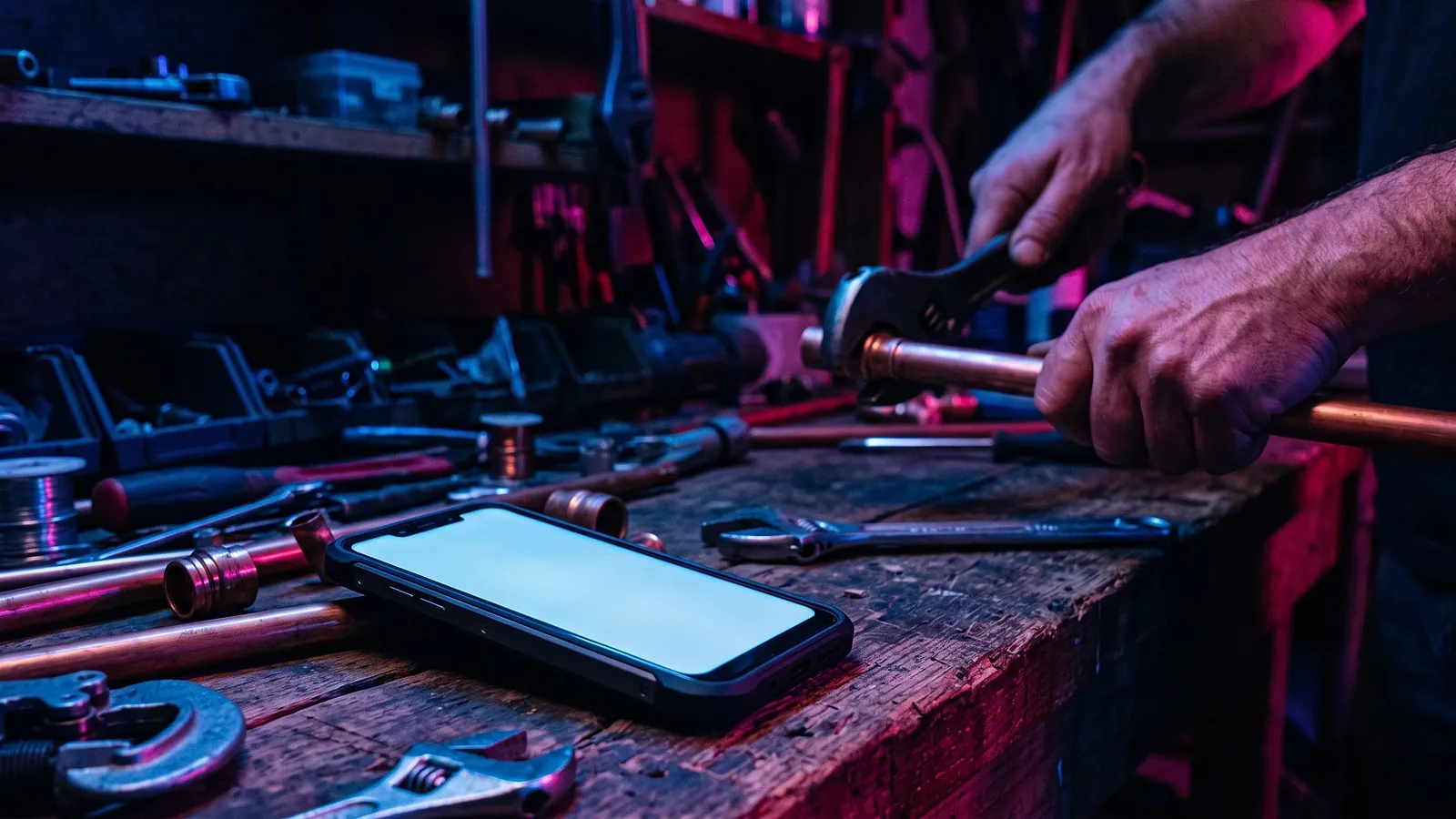 Un artisan ajuste un tuyau de cuivre à l'établi, un smartphone allumé posé à côté dans un atelier baigné de lumière bleue et rose.