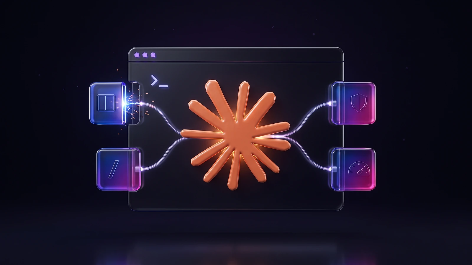 L'emblème orange de Claude au centre d'une fenêtre de terminal en verre sombre, sur laquelle quatre modules lumineux bleus et magenta viennent se brancher par des câbles de lumière.